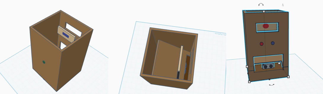 Tinkercad model of the autonomous zoo exhibit habitat, shown from interior, top-down, and rear panel views
